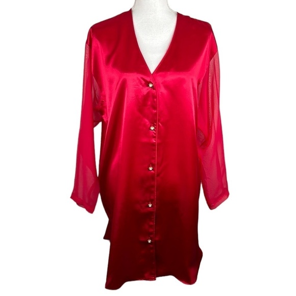 Victoria's Secret Other - Victoria's Secret Vintage Gold Label Red Satin Button Down Pajama Dress Size M/L